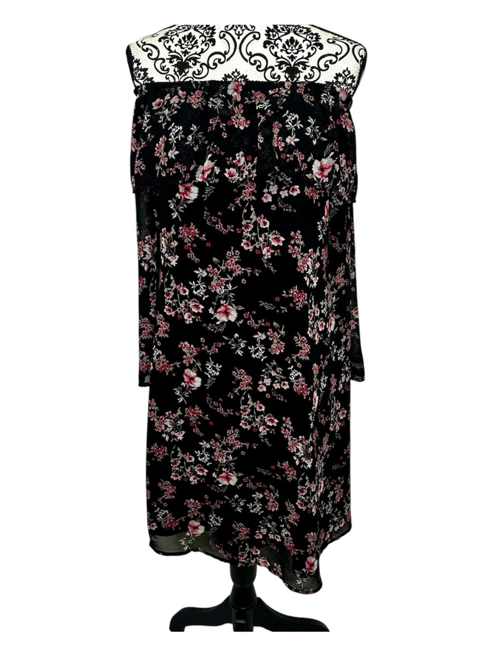 White House Black Market Black Floral Off-Shoulder Midi Dress w/ 3/4 Sleeves XL